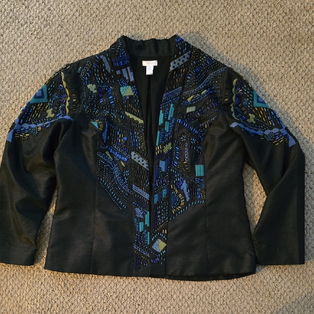 Chico's Black Open Blazer Jacket‎  Size 12 Blue Bead Accents And Embroidery